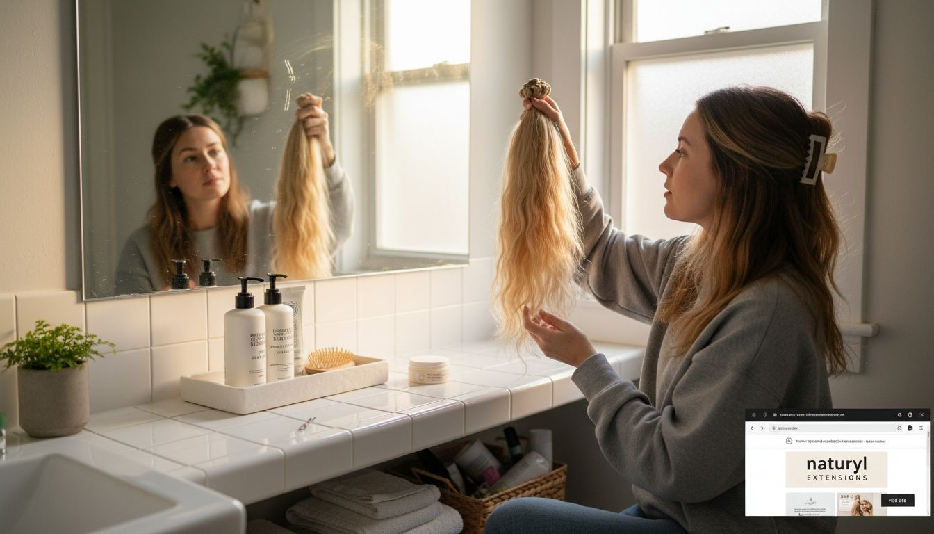 Woman inspecting hair extensions at home