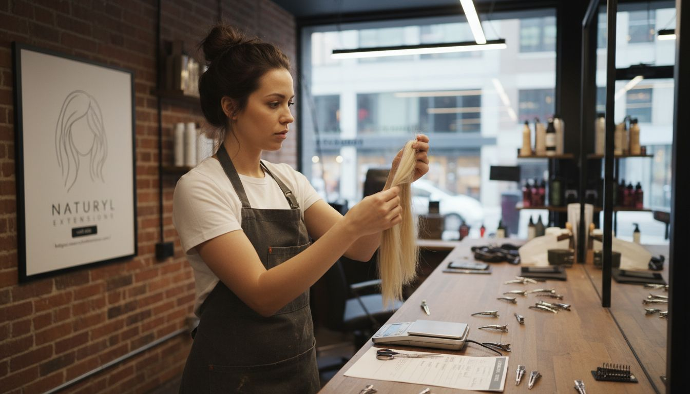 Salon technician inspecting hair extensions quality