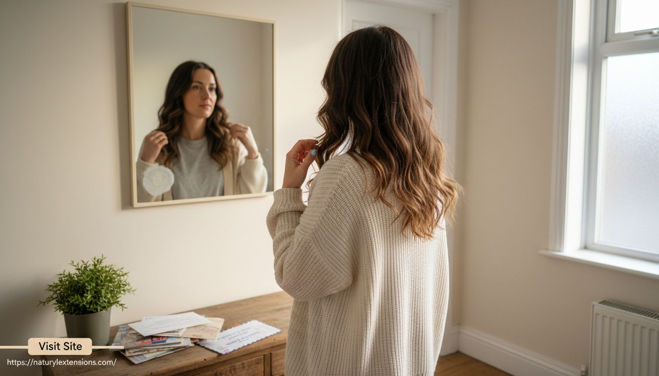 Woman blends hair extensions in hallway mirror