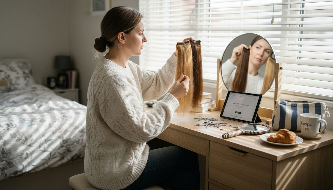 Woman comparing two sets of hair extensions