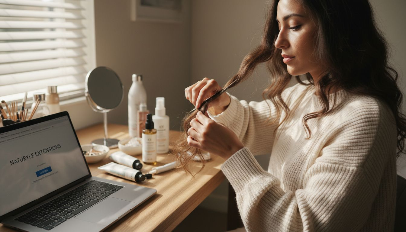 Woman blending hair extensions at vanity