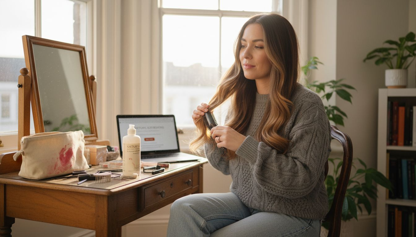 Woman brushing Remy hair extensions in UK flat