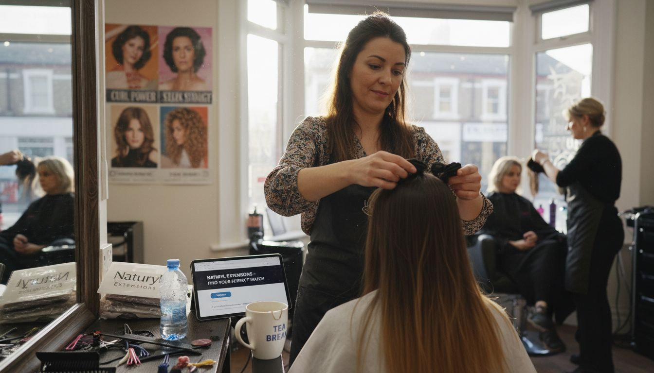UK stylist applying hair extensions in busy salon