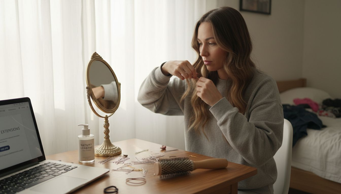 Woman applying hair extensions at home vanity