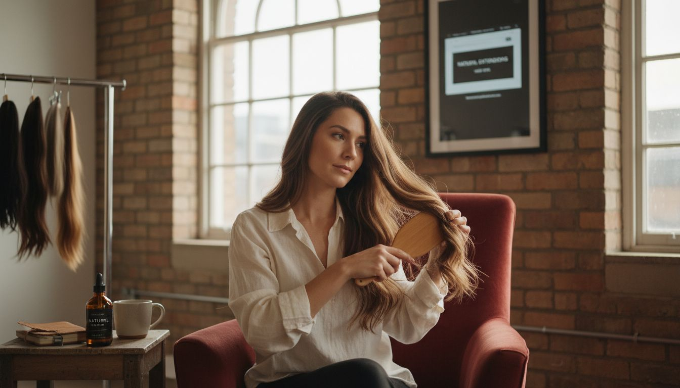 Woman brushing long Remy hair extensions in studio
