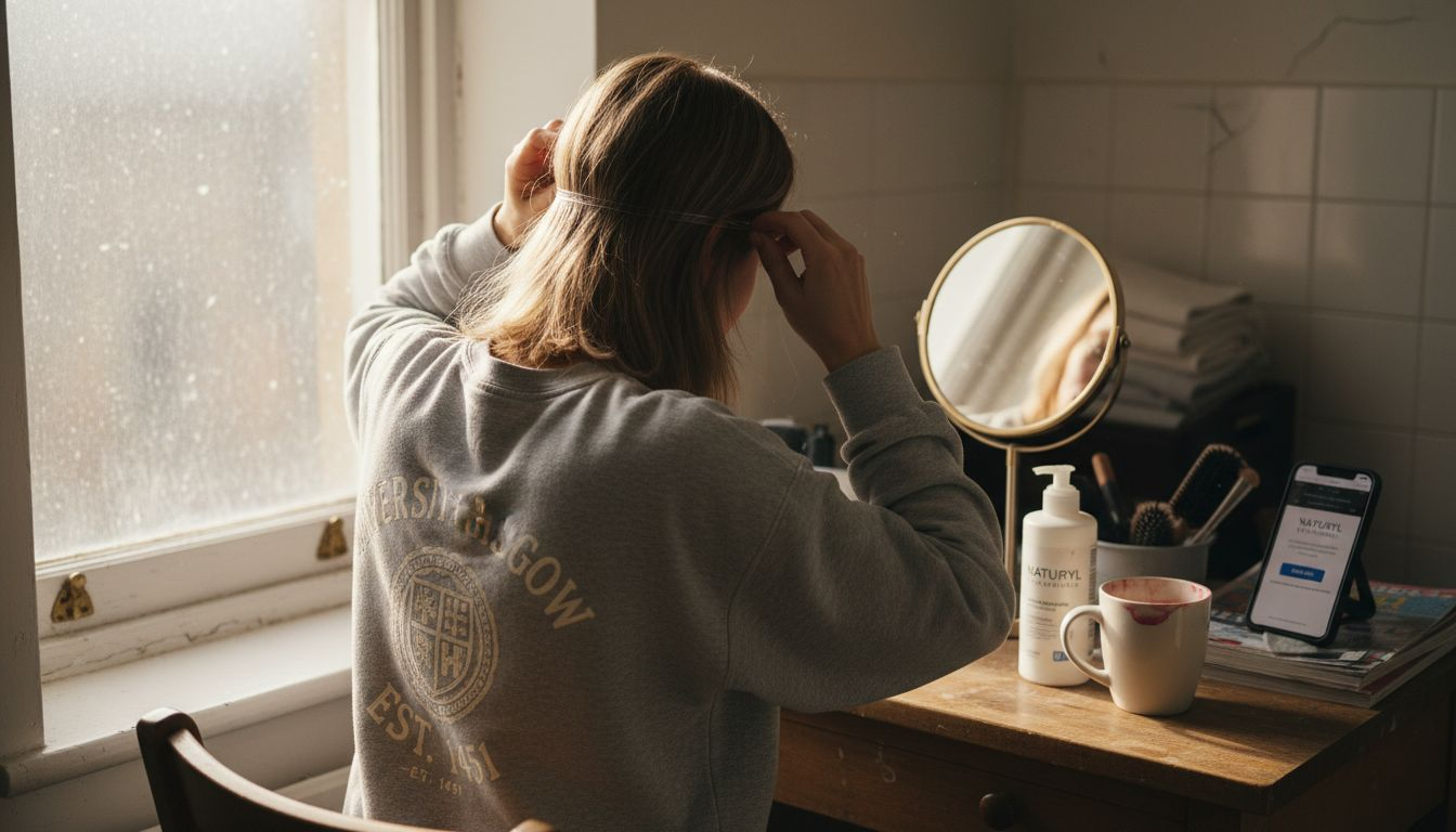 Woman applying invisible wire hair extensions
