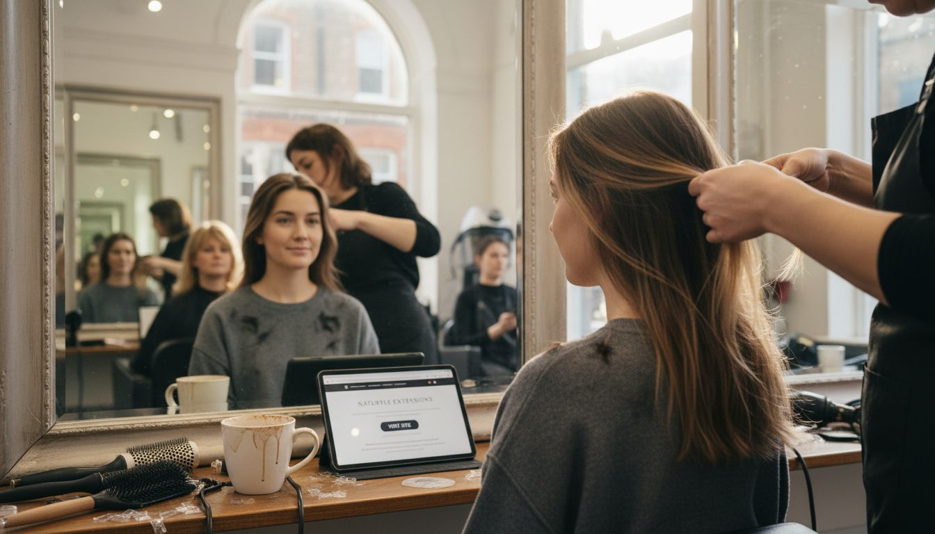 Woman getting seamless hair extensions in salon