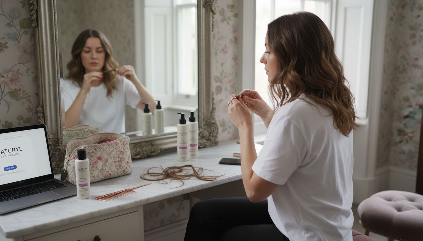 Woman installs hair extensions by vanity