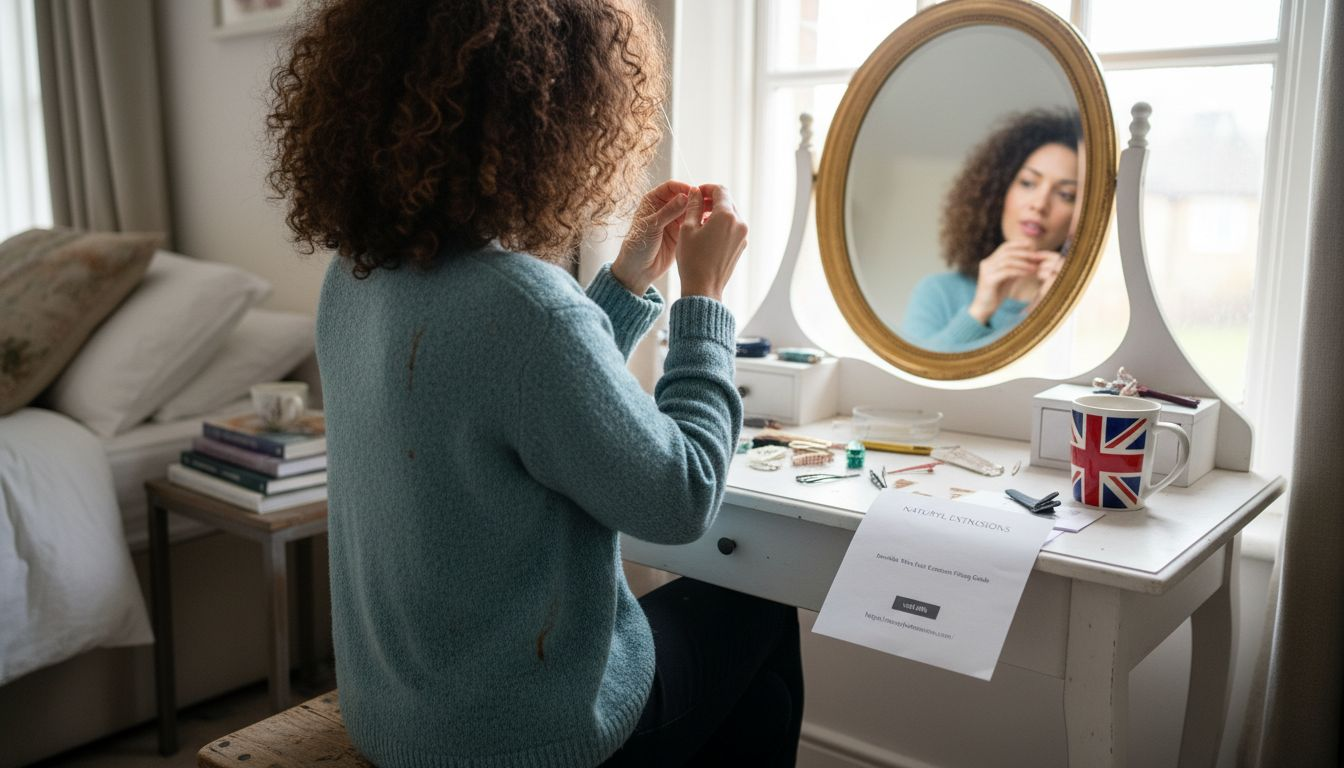 Woman applying natural hair extension at home