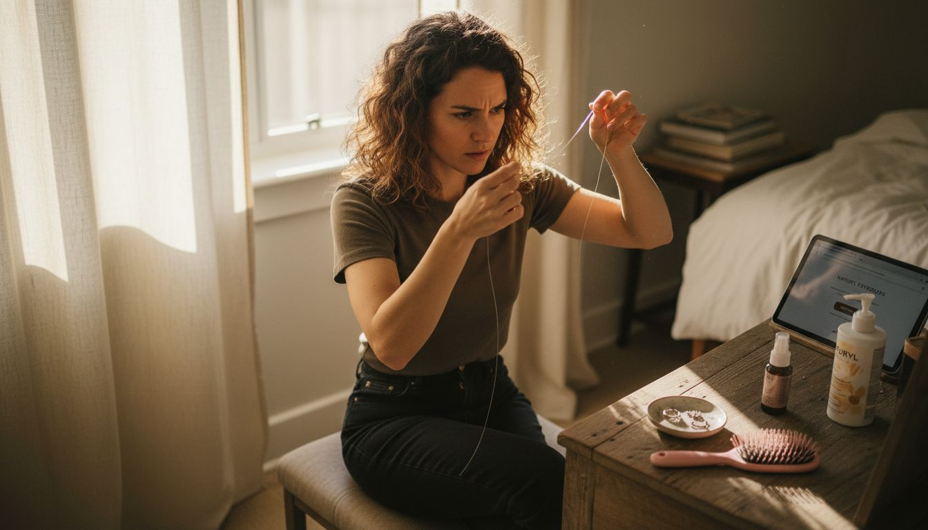 Woman applies invisible wire hair extensions at vanity