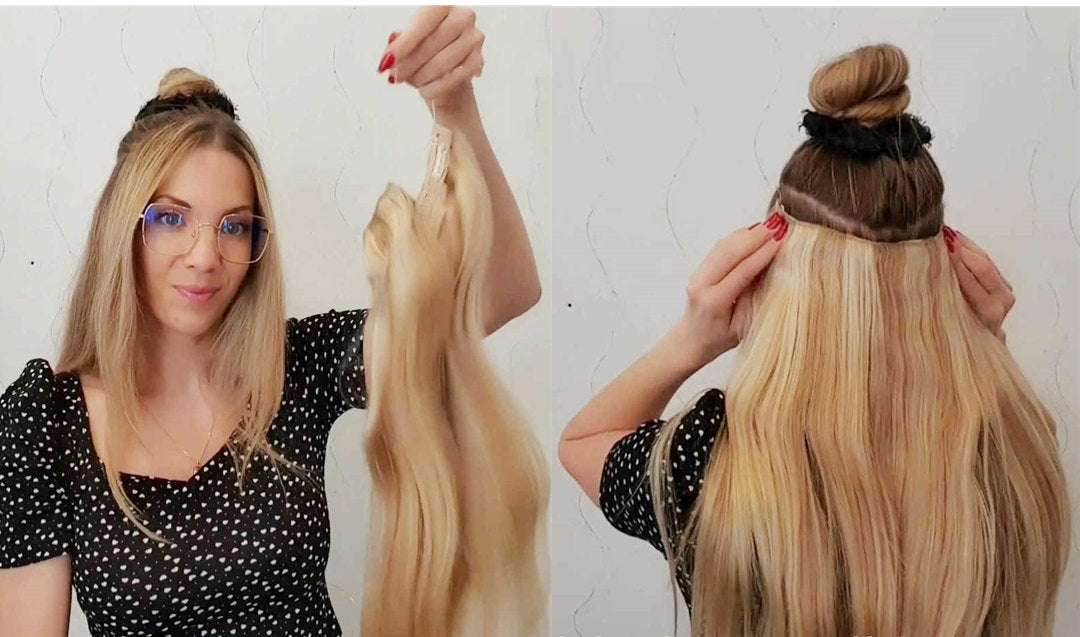 Woman applies invisible wire hair extensions at vanity