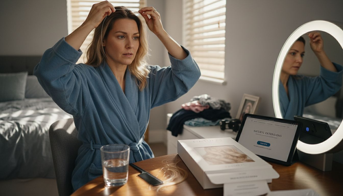 Woman applying hair extensions at bedroom vanity