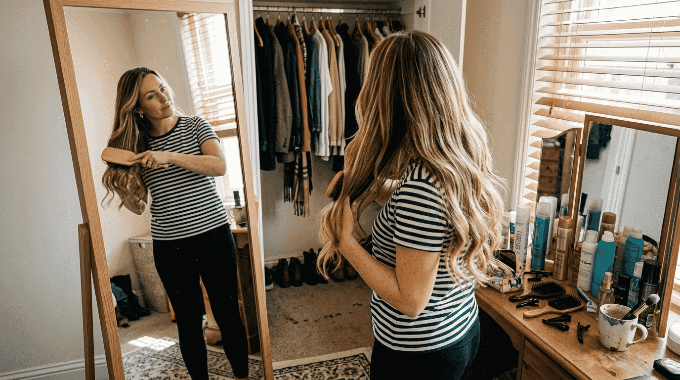 Woman brushes hair extensions in home setting