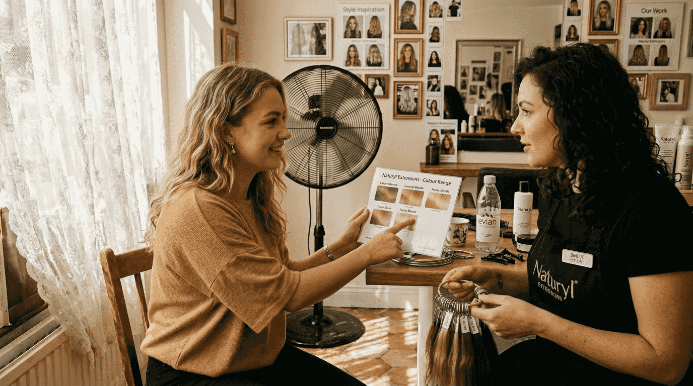 Client and stylist discuss hair extensions in studio