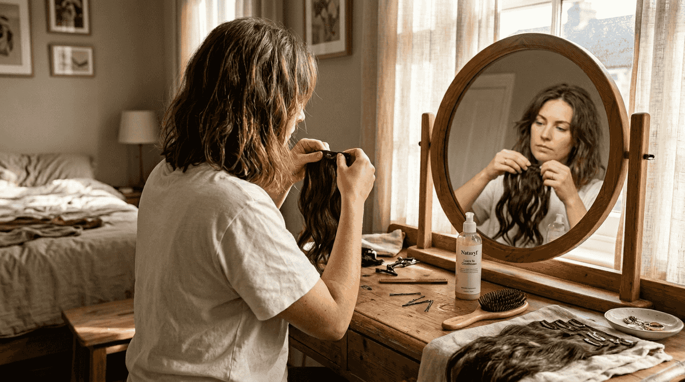 Woman clipping in layered hair extensions at vanity