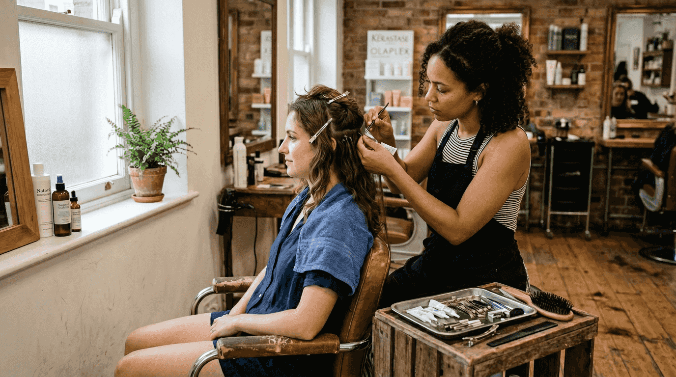Stylist applying invisible hair extensions