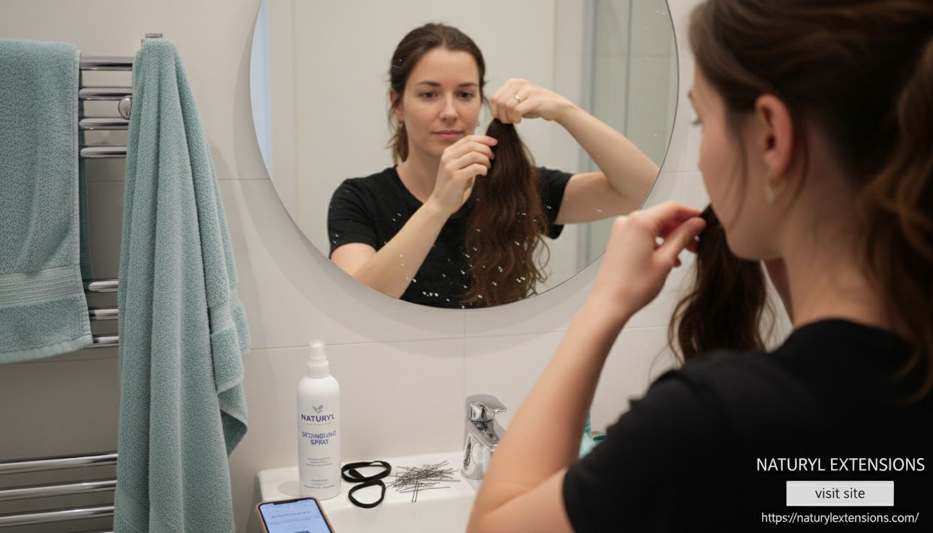 Woman attaching ponytail extension in bathroom