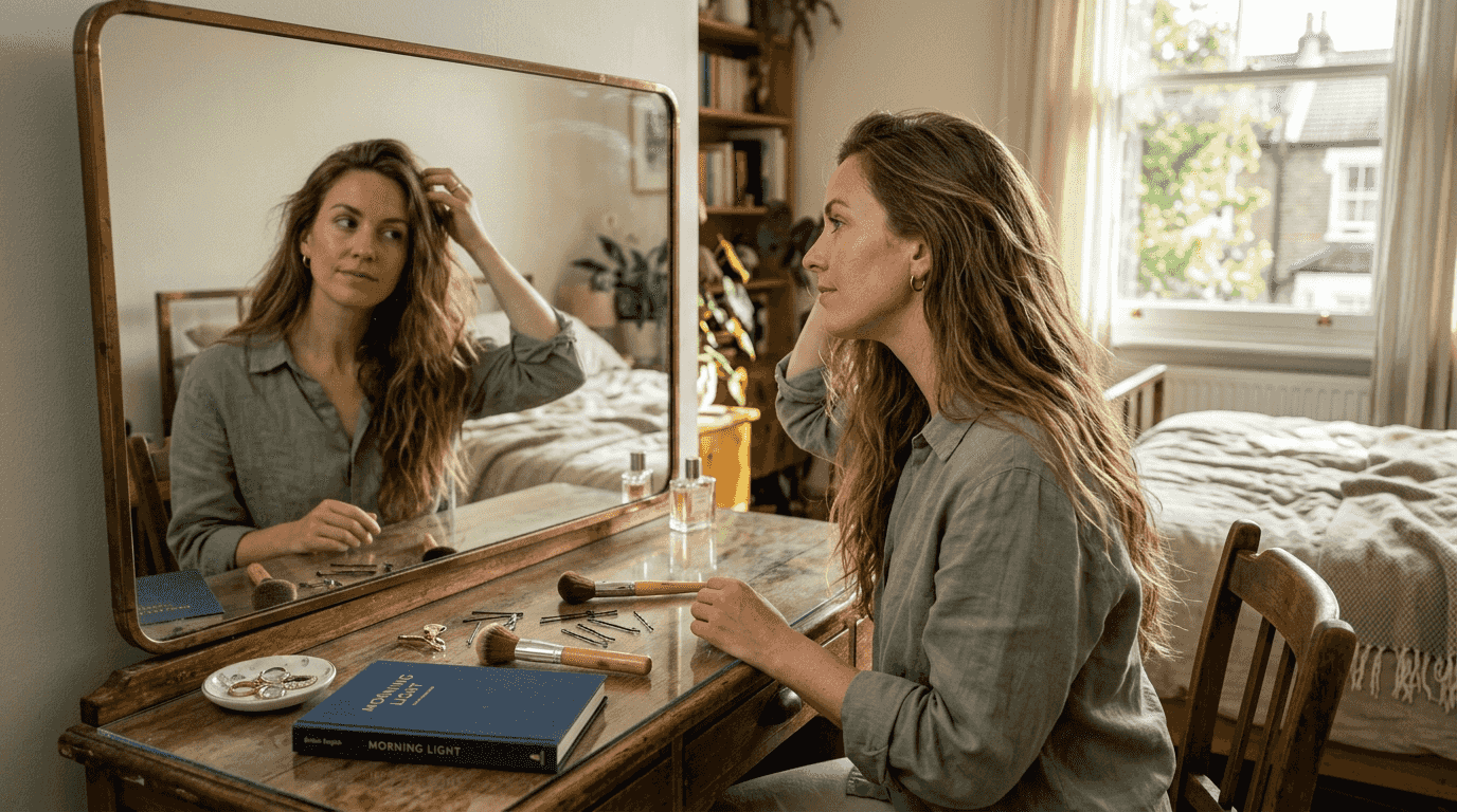 Woman admiring seamless hair extensions in mirror