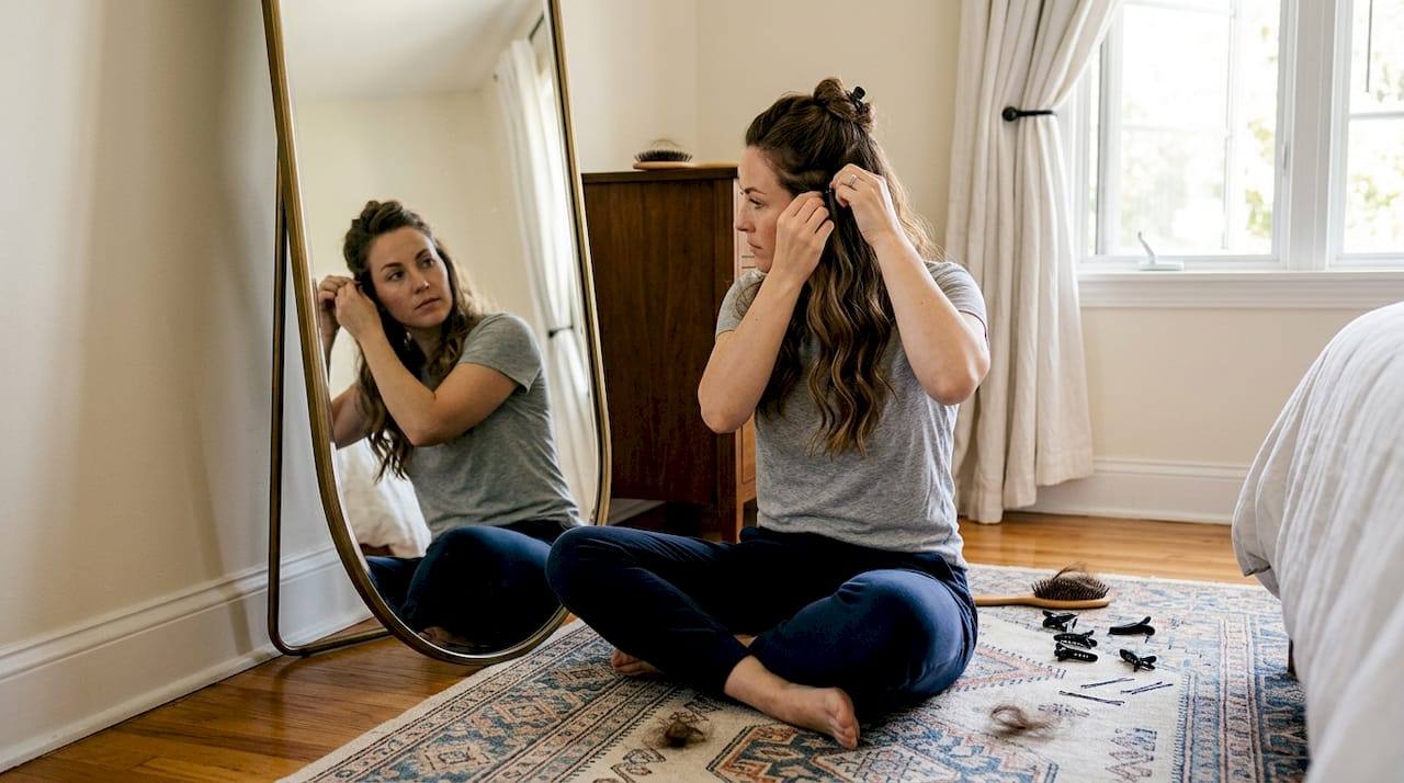 Woman blending invisible wire hair extensions