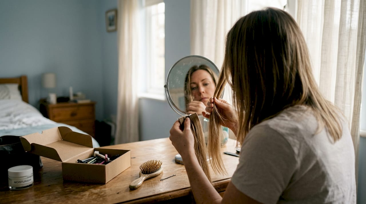 Woman comparing hair extensions to natural hair