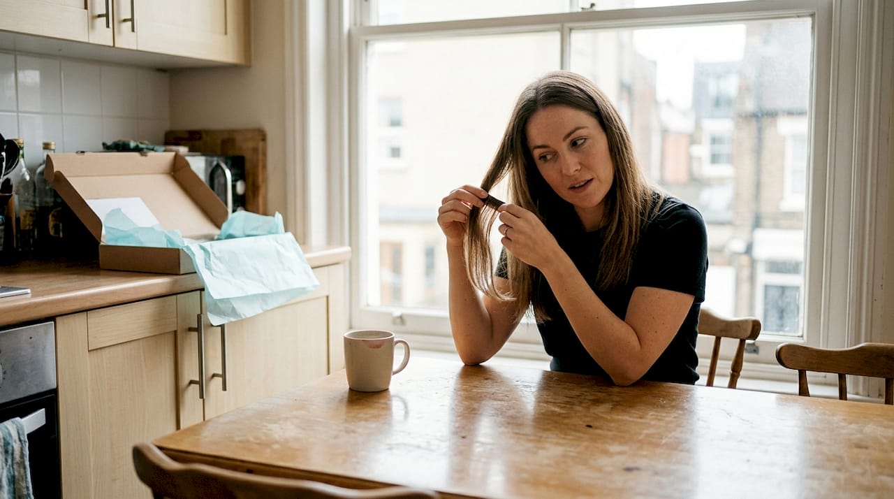 Woman comparing hair extension thickness at table