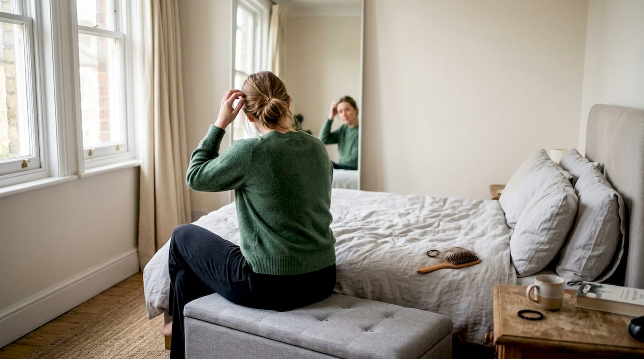 Woman examines hair in mirror for thinning