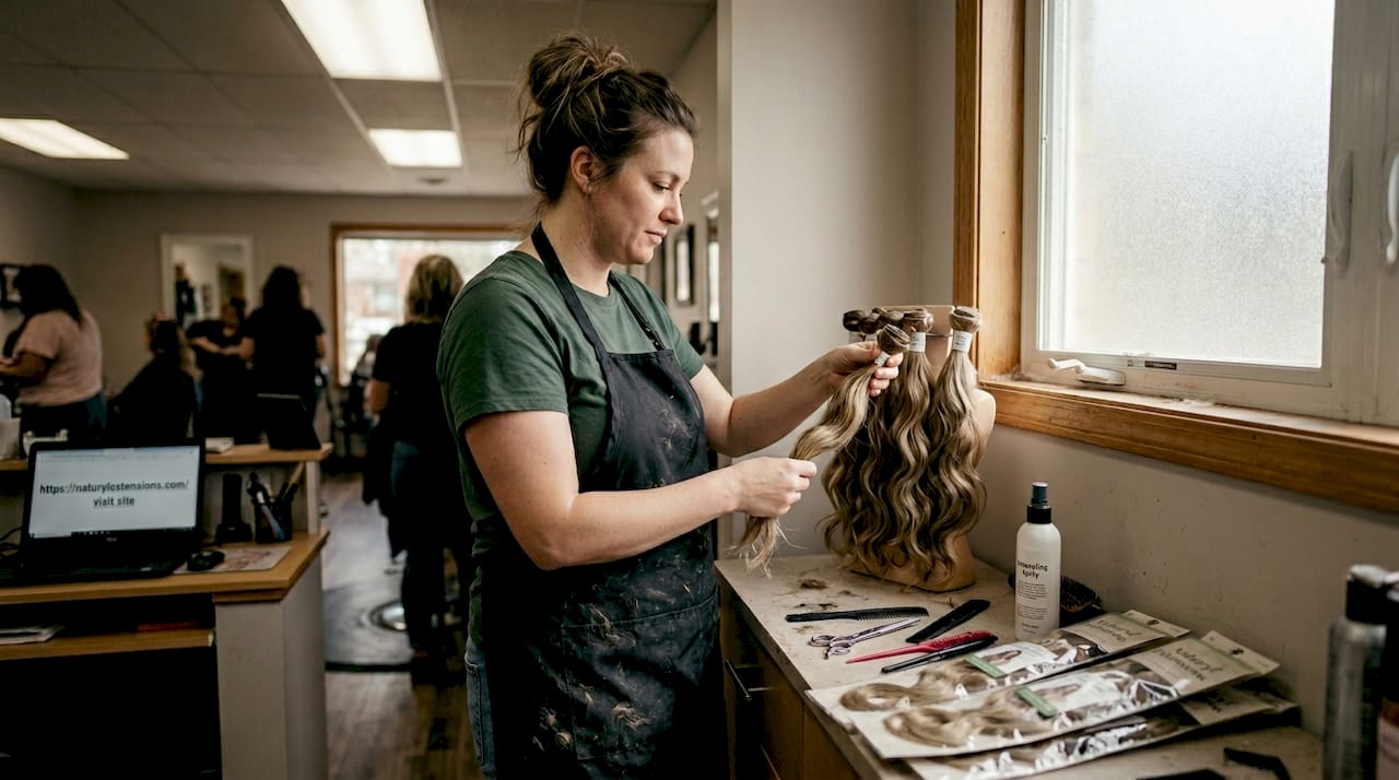Stylist organizing synthetic hair extensions