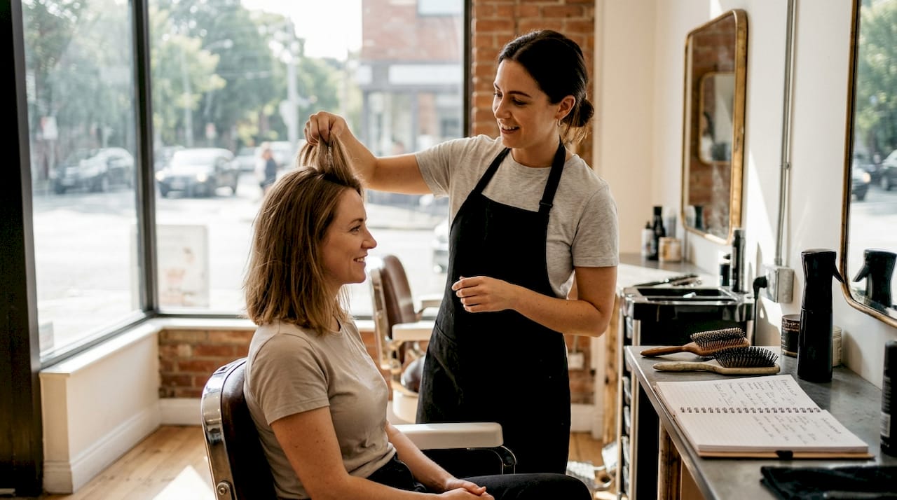 Stylist demonstrates hair extension volume in salon