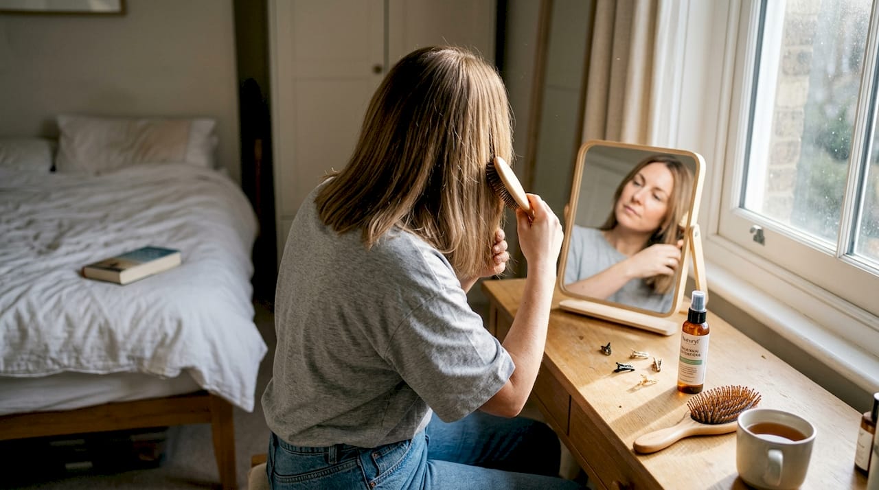Woman brushing hair extensions at home vanity