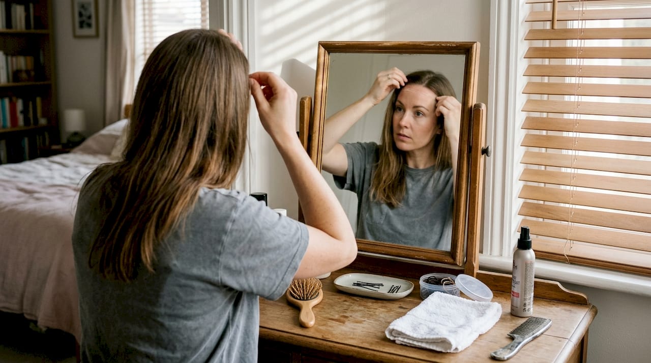 Woman fitting invisible hair extensions at mirror