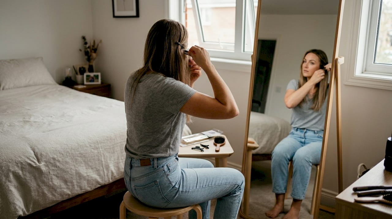 Woman clipping in hair extensions at home