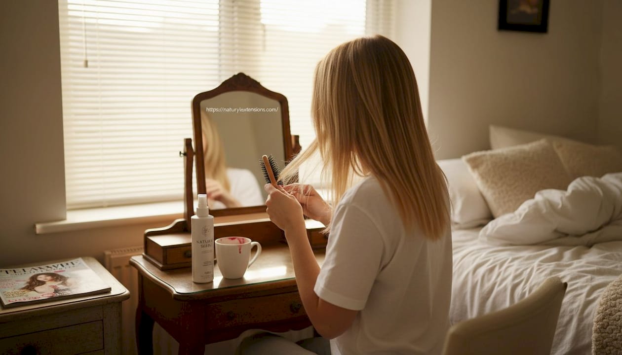 Woman brushing hair extensions at bedroom vanity