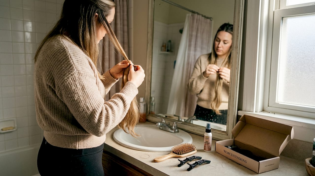 Woman preparing to apply hair weft extension