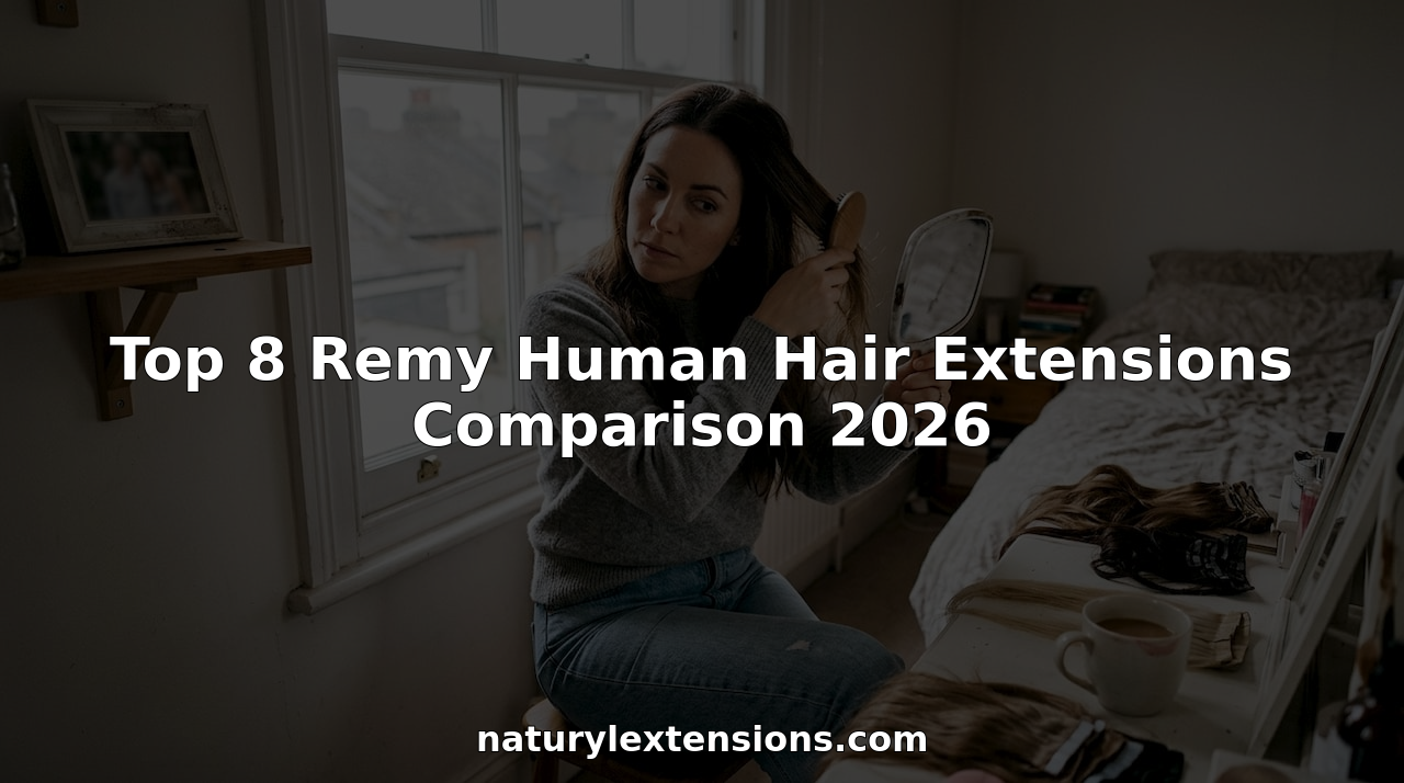 Woman blending Remy hair extensions at bedroom vanity