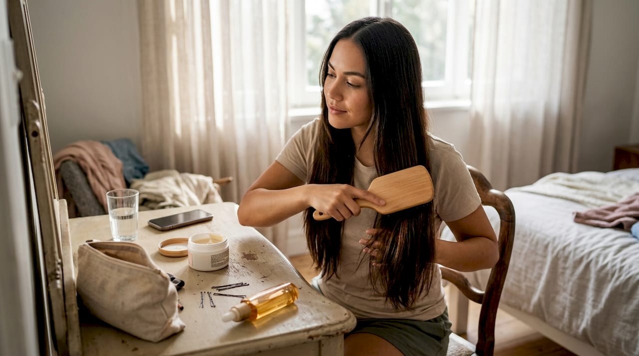 Woman brushing Remy hair extensions at her vanity