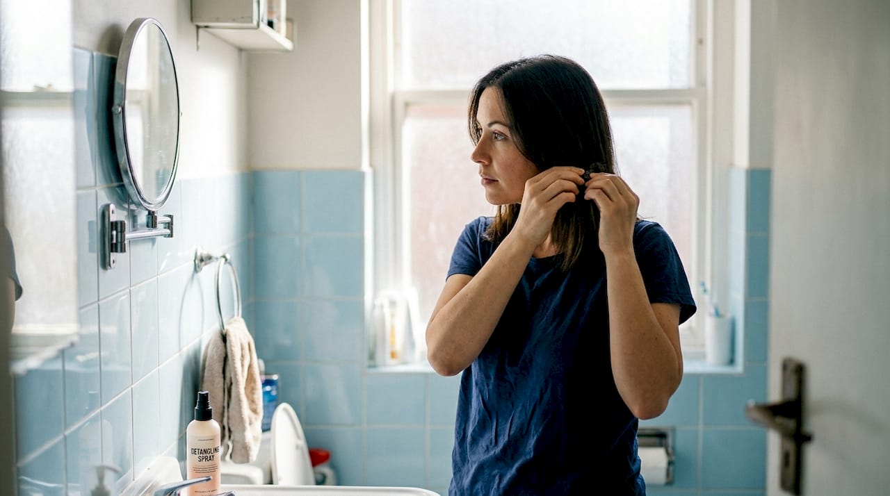 Woman naturally applying seamless hair extensions