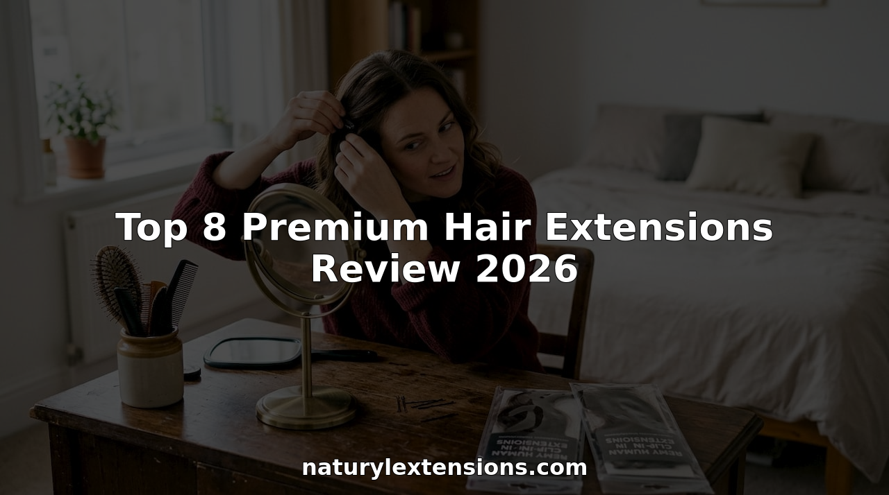 Woman blending hair extensions at bedroom vanity