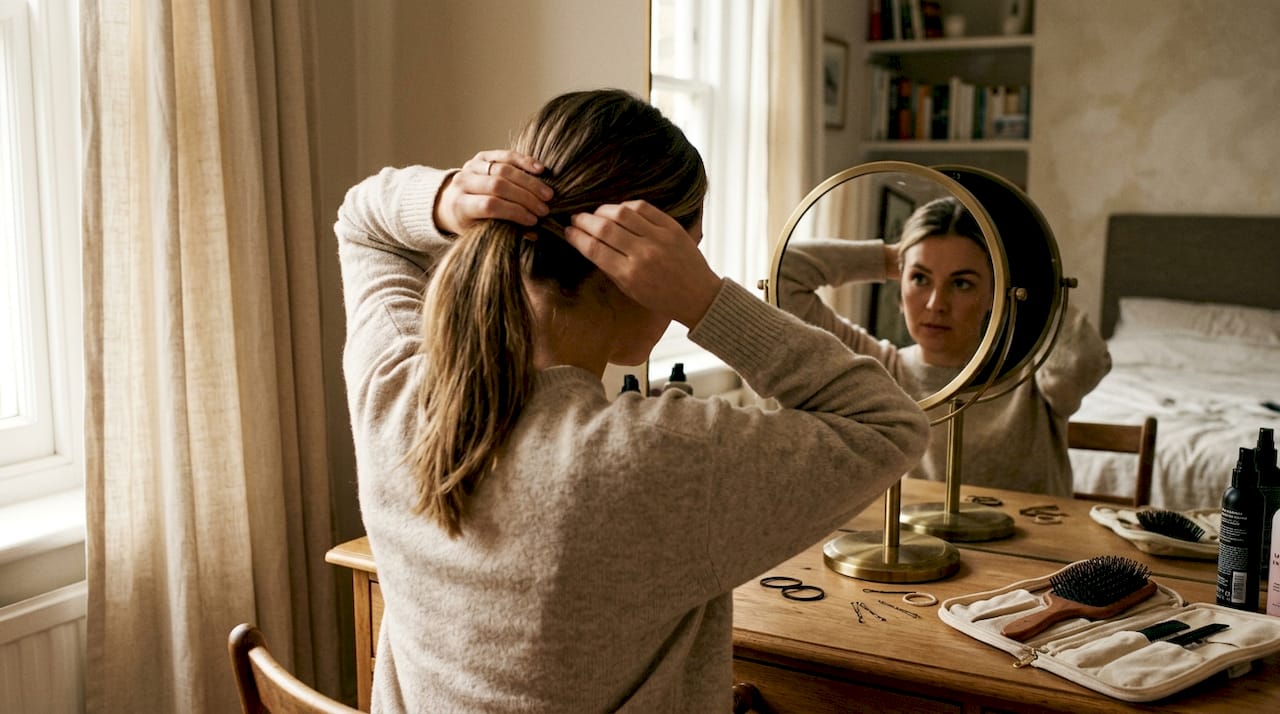 Woman attaching ponytail wrap at home vanity