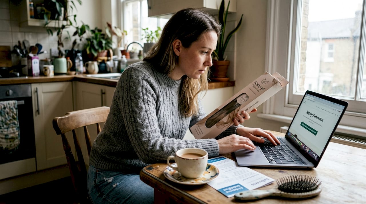 Woman reviewing hair extension return policy
