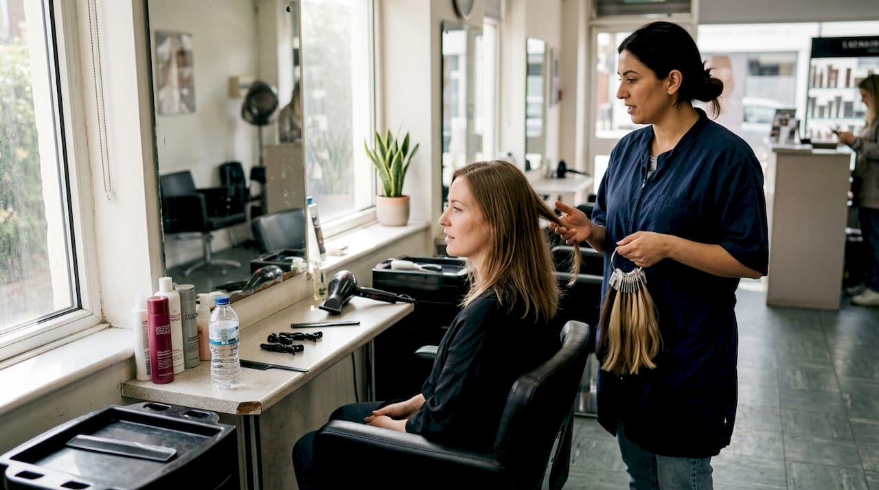 Client consults stylist about hair extensions