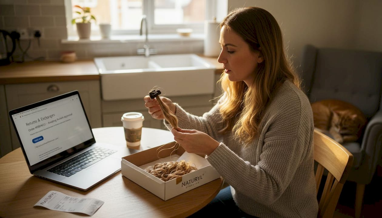 Woman checks hair extensions beside return instructions