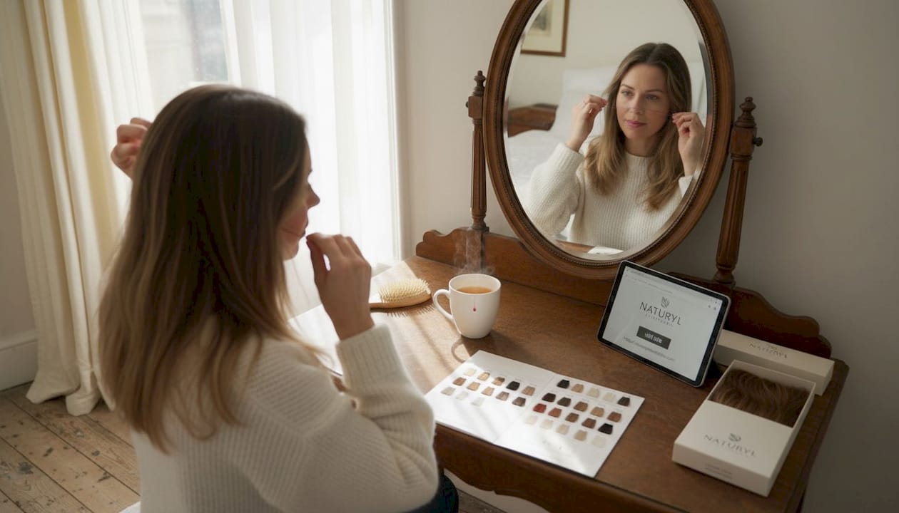 Woman applying halo hair extensions at home
