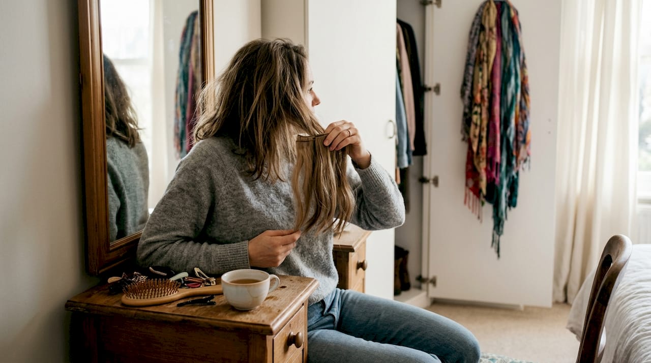 Woman comparing hair extension shades in bedroom