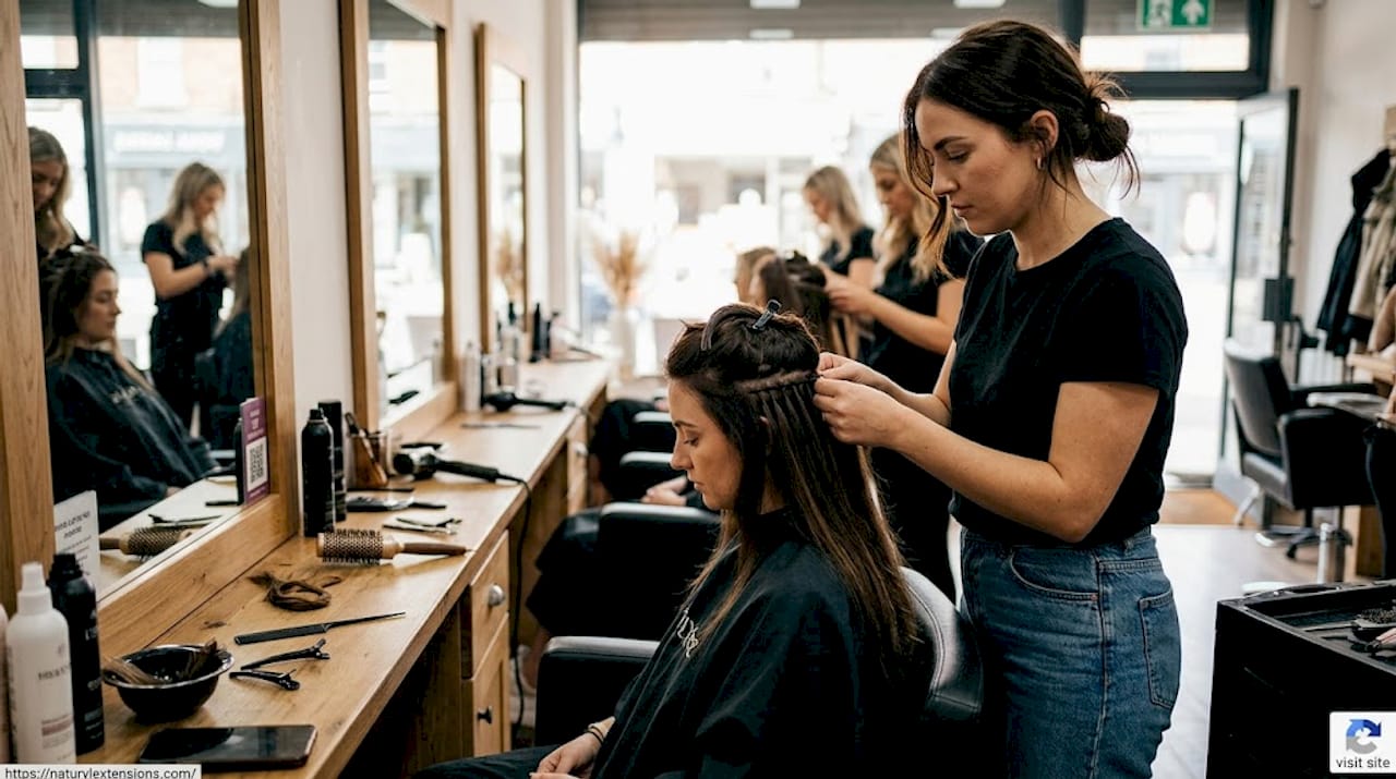 Stylist attaching hand-tied extensions in salon