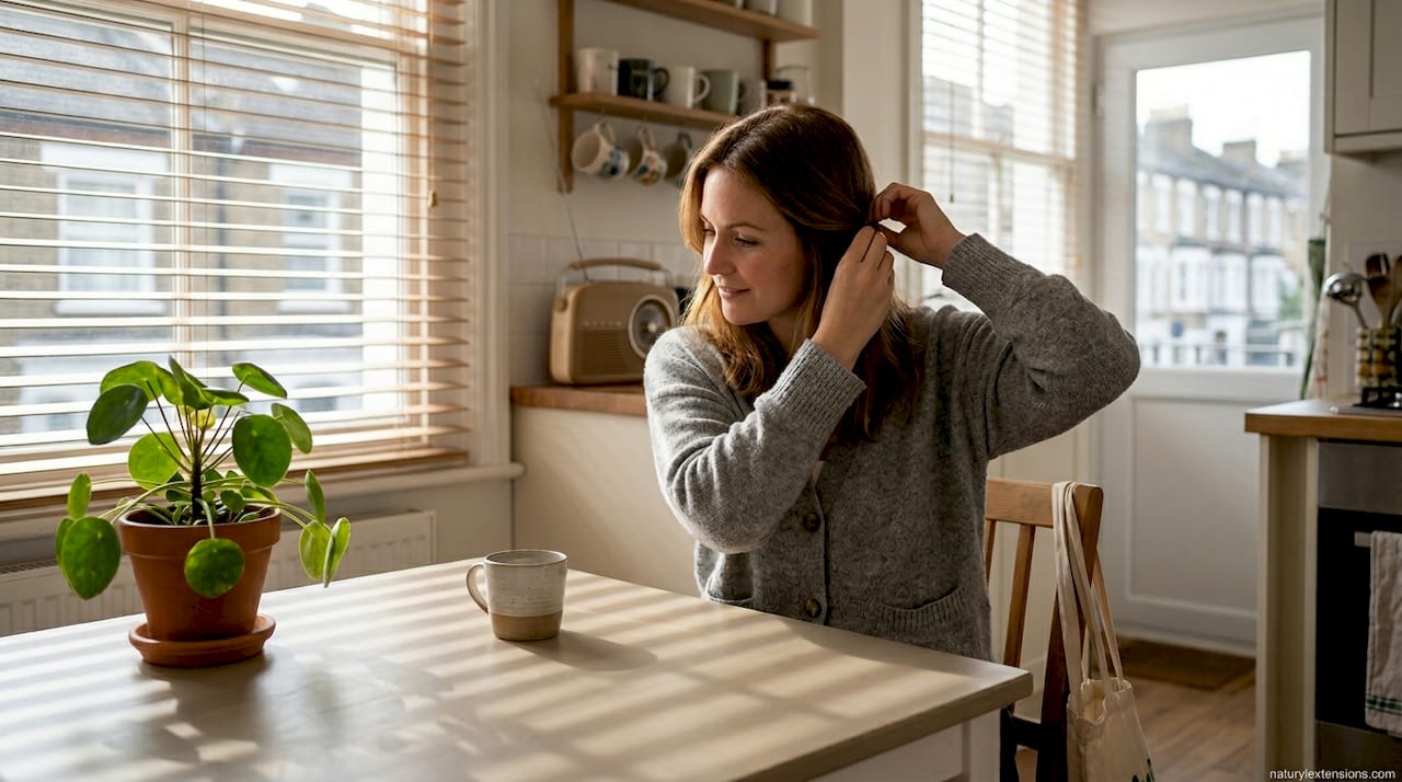 Woman applying invisible hair extensions in home