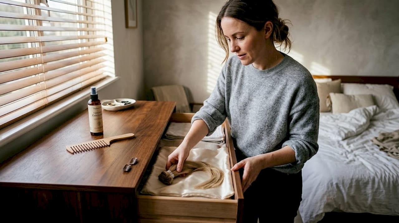 Woman placing hair extensions in bedroom drawer