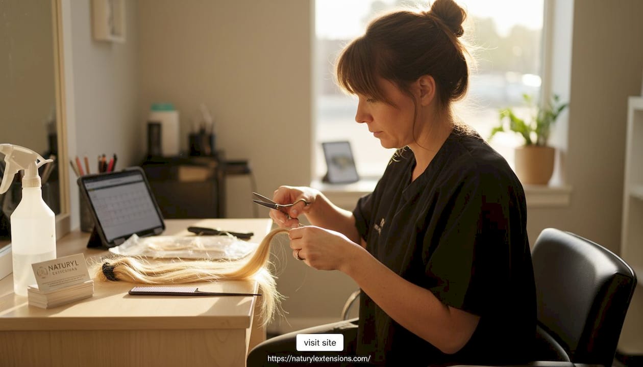 Stylist preparing hair wefts at workspace