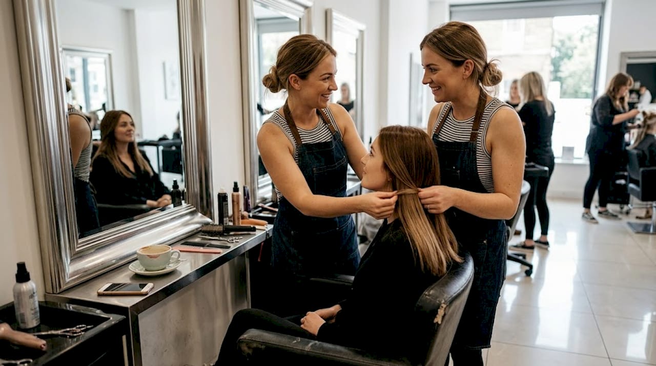 Hairstylist matching hair extensions in salon
