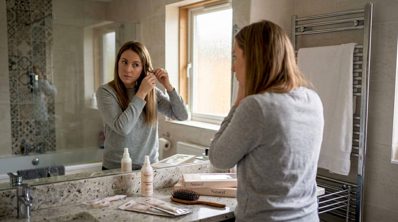 Woman applying hair extensions at home mirror