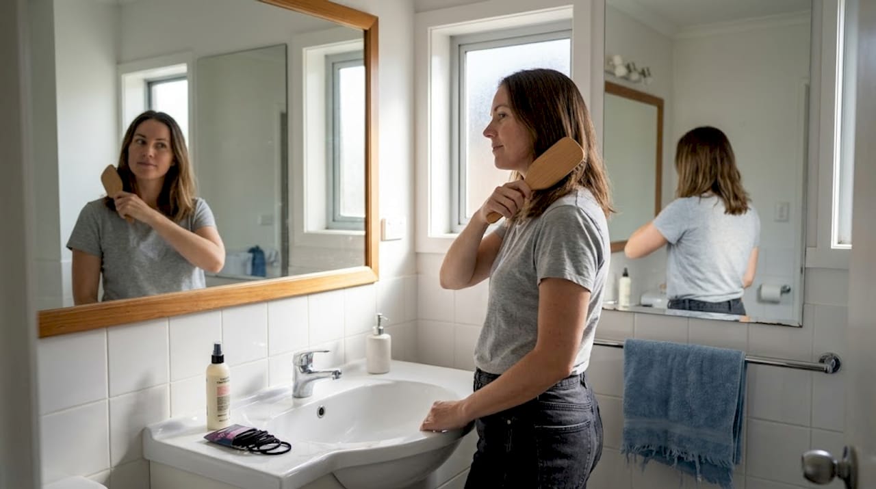 Woman brushing hair for ponytail prep